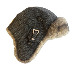 American Eagle Trapper Hat Gray Herringbone Wool Blend Faux Fur | Lined